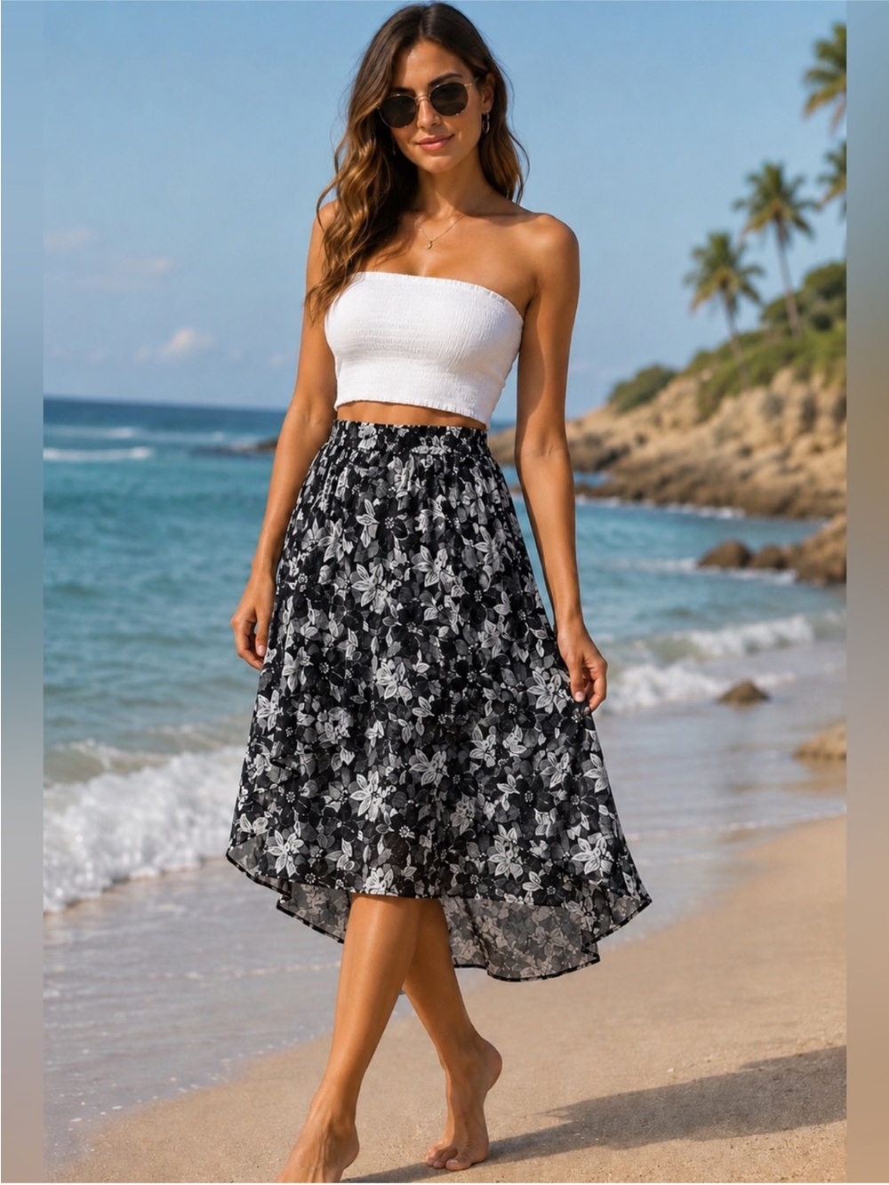 The Korner High Low Hem Chiffon Floral Flowy Skirt Black White Semi Casual.